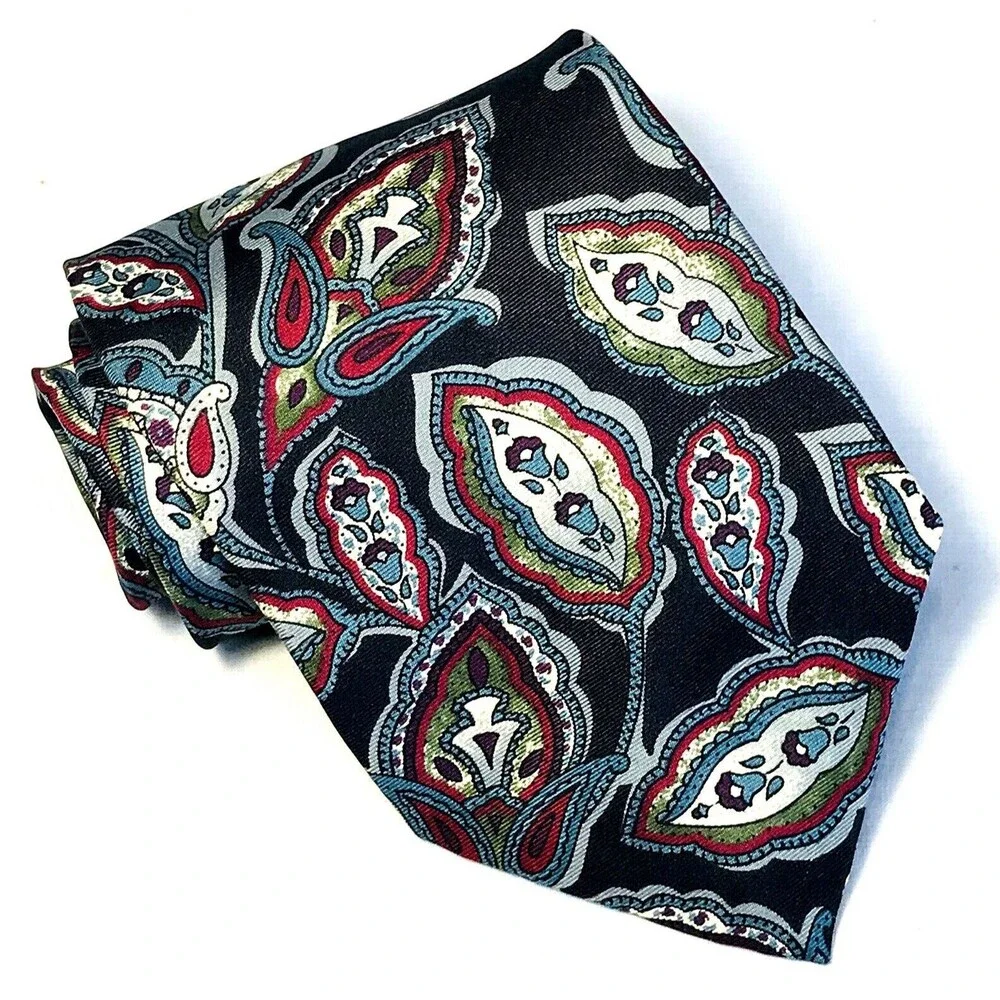 Christian Dior Tie Vintage Monsieur Leaf Paisley Floral Silk Black Red Blue Prep